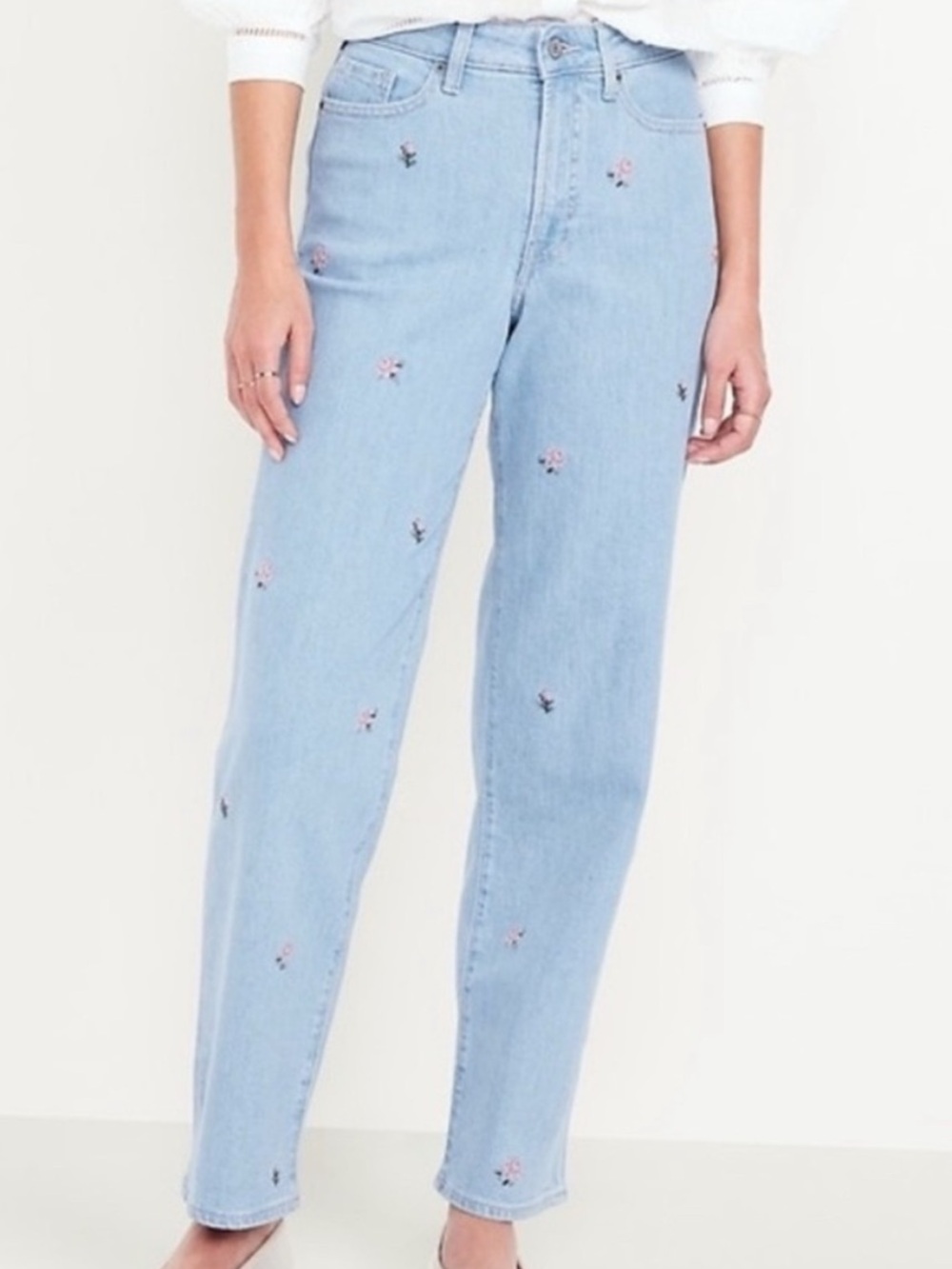 Old Navy OG Loose High-Rise  Pink Floral Embroidered Jeans, light-wash denim